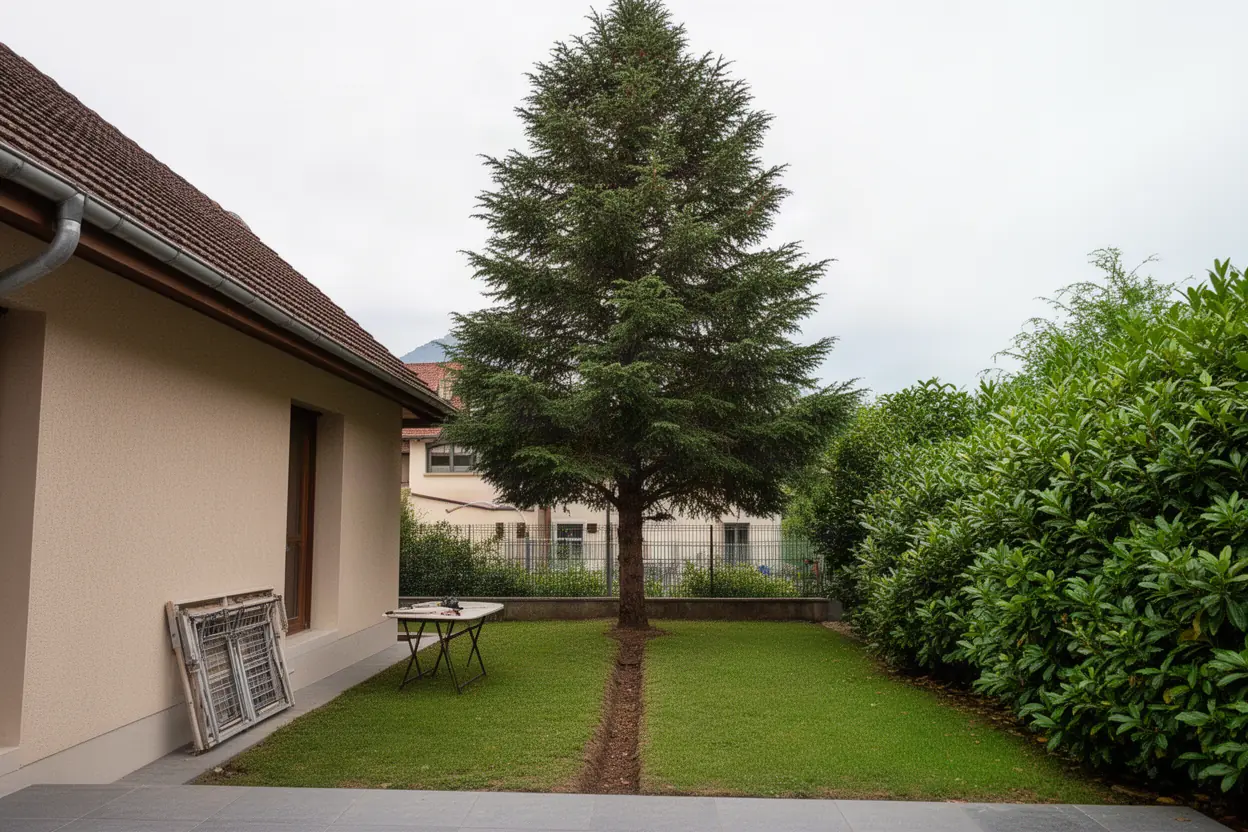 Grand conifère avant démontage contrôlé à Annecy